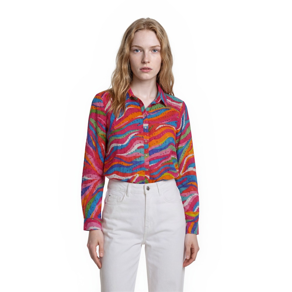 John Mark Eyelet Blouse‎ Top Women's Size 1X Multicolor 100% Cotton Button Tab